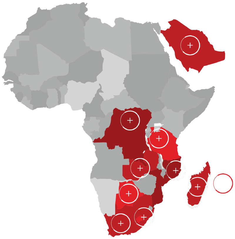 A map of africa with icons highlighting the following locations Democratic Republic of Congo, Lesotho, Madagascar, Mauritius, Mozambique, Saudi Arabia, South Africa, Tanzania, Zambia, Botswana